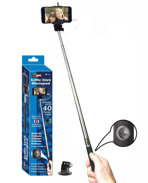 MP-12 Selfie Stick Monopod with Built-in Wired Shutter Release for Smartphones, Digital Cameras & Action Cameras - Vidpro